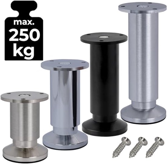 Stahlia Meubelpoten verstelbaar (set van 4) 15 cm hoogte chroom glans 38 mm aluminium kastpoten belastbaar tot 250 kg sofa poten meubelpoten metalen poten plankpoten