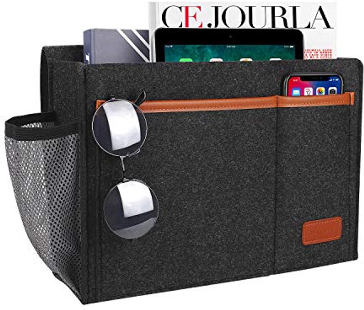 Bedside Caddy Organizer voor Bed met Vijf Vakken - Hangende Feltopberger voor Laptop, Boeken en Meer - Donkergrijs
