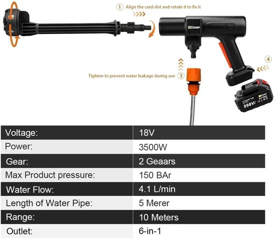 CYRO - Hogedrukreiniger - Elektrisch Hogedrukreiniger - Hogedruk Reiniger - 6 in 1 - 3500W - 18V Batterij Pin - 150Bar van CYRO — afbeelding 5
