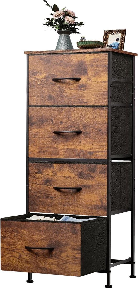 Dressoir / Opbergkast met 4 Stoffen Lades – Metalen Frame & MDF Blad – Industrieel Design – Bruin – Voor Slaapkamer, Woonkamer, Hal of KinderkamerHMTM-SC-4D-BR