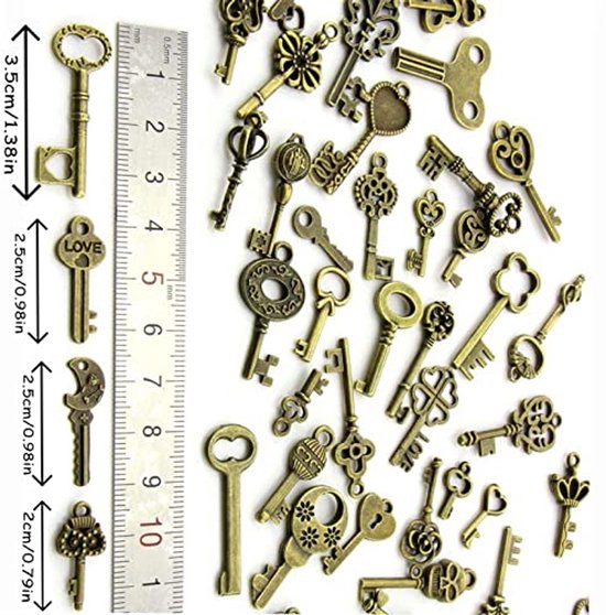 SANNIX 30 stuks vintage skelet sleutels vliegende sleutels bedels met 30 paar libellenvleugels en 30 meter elastische kristallen koord voor doe-het-zelf sieraden maken bruiloft feest gunsten kamer