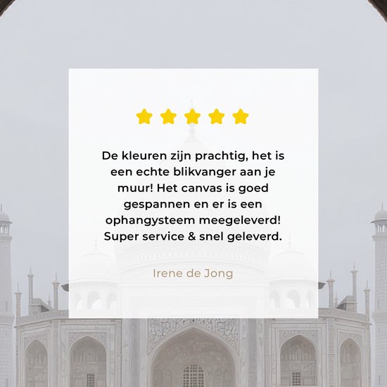 Un témoignage de quatre étoiles sur une peinture du Taj Mahal, avec le texte 'Les couleurs sont magnifiques, c'est un véritable accroche-regard !'.