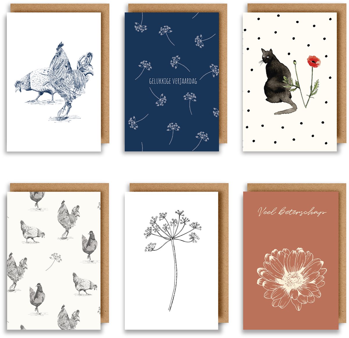 6 Luxe wenskaarten incl. gerecycleerde kraft envelop - Set van 6 - dubbele wenskaarten - gerecycleerde envelop – originele verjaardagskaarten - 11.5x17 cm - unieke illustraties
