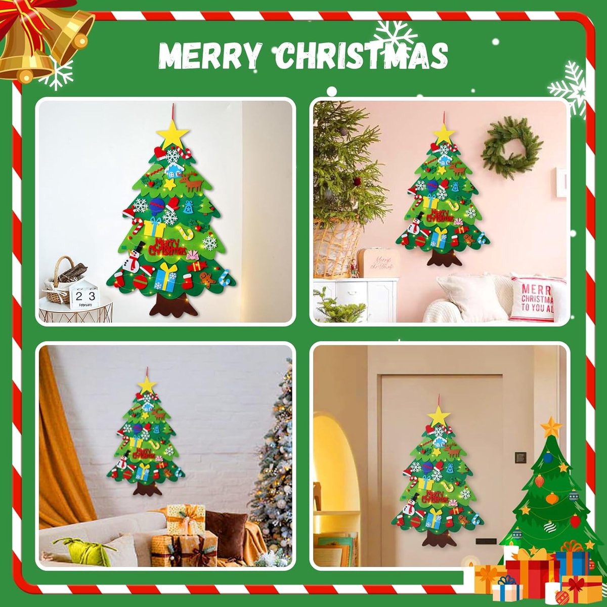 Kinderkerstboom van Vilt - Viltdennenboomversiering DIY - Kerstboom van Vilt - Inclusief 32 ornamenten - Met 5 meter LED-Lichtjes - 70 × 95 cm - Opvouwbaar – foto 2