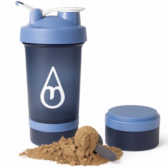 Shakebeker met poedercompartiment - Motivai® - Blauw - Shaker - 3 delige shaker - 600ml - Motivatie Waterfles - Voor het maken van Shake's - Ook voor supplementen - extra compartimenten voor eiwit en preworkout en/of pillen - met shakebal