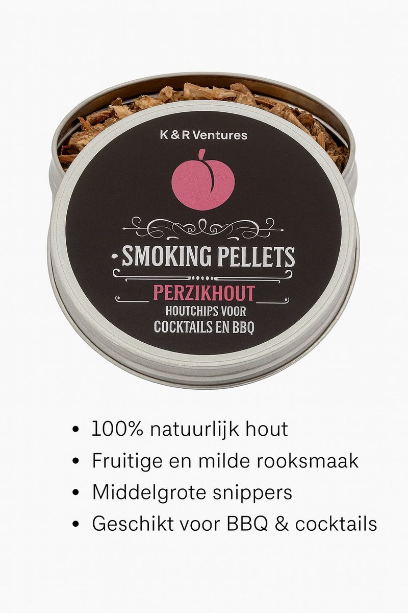 K&R Ventures® Perzikhout Rooksnippers – Middelgrote BBQ Houtsnippers – Rookhout voor BBQ & Cocktail Smoker – Whiskey Smoker Chips – Extra Smaak bij Vlees, Vis & Dranken