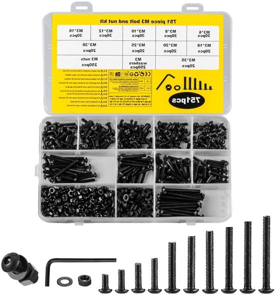 930 stuks M2.5 schroevenset, cilinderbouten, moersets, cilinderkopschroeven, zeskantschroeven en sluitringen, zwarte binnenzeskantschroeven met moeren, machineschroeven (930, M2,5