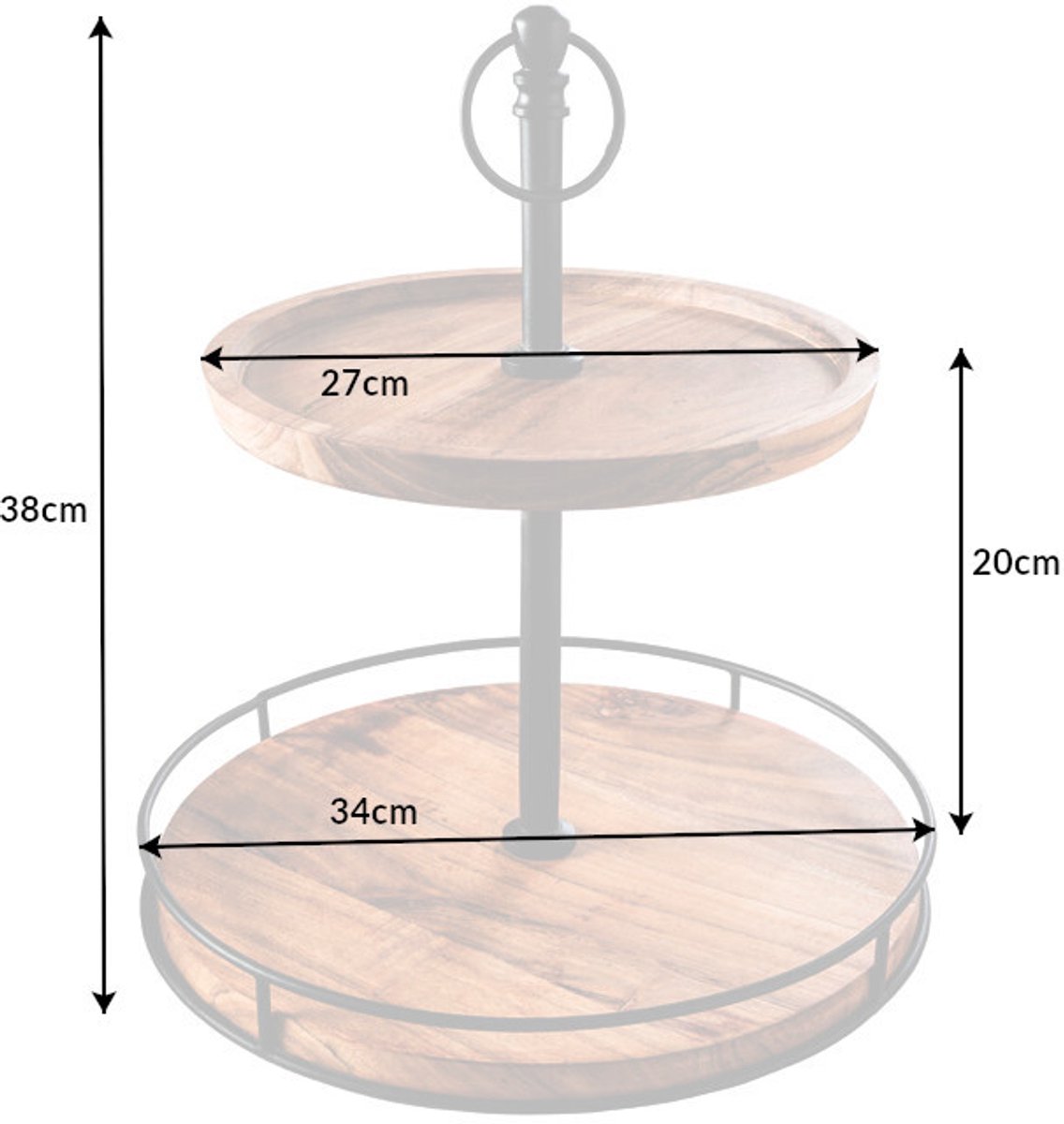 Massief houten taartplateau PURE NATURE 40cm mango rond met twee niveaus zwart metaal - 41606