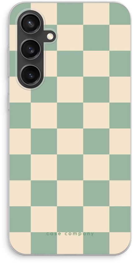 Telefoonhoesje met mintgroen en crème dambordpatroon.