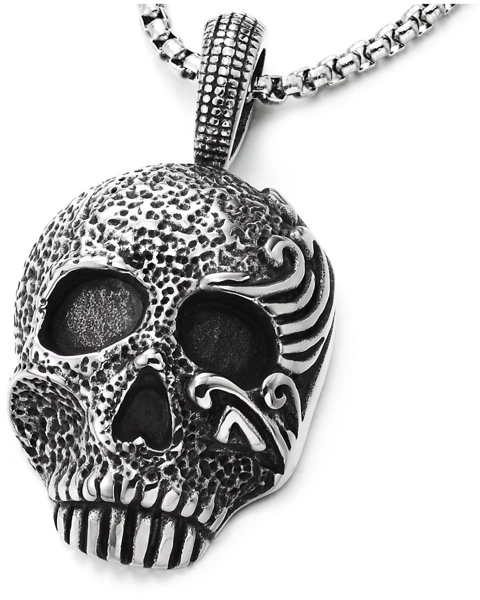 Texture Skull Necklace, Gothic Style, Antique Finish with Engraved Complex, Stainless Steel, Men, Stainless Steel, No Gemstone, Stainless Steel, No Gemstone