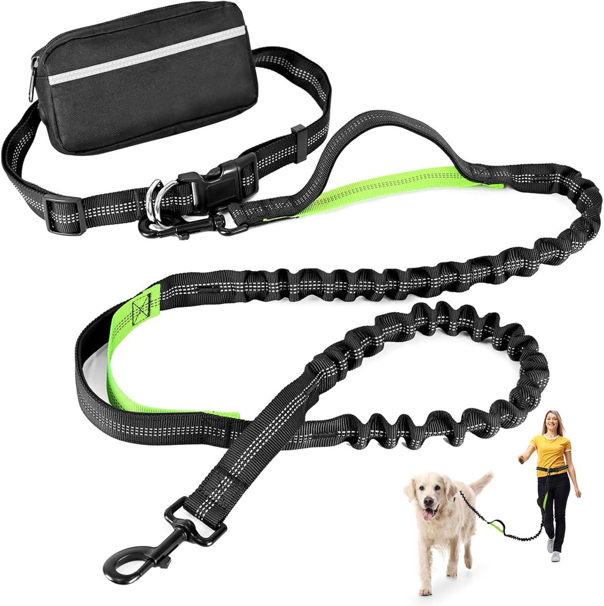 Sportlijnset voor huisdieren - Intrekbare elastische heupband - Dubbel gevoerde handgrepen + heuptas met rits - Reflecterend ontwerp, perfect voor nachtelijke hardloopsessies en wandelingen met de hond - Groen