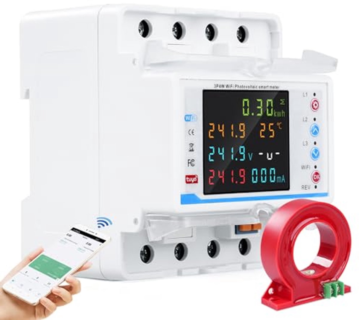Driefase WiFi Energiemeter 100A 380V AC - Slimme Meter met Tijdregeling en Meervoudige Bescherming