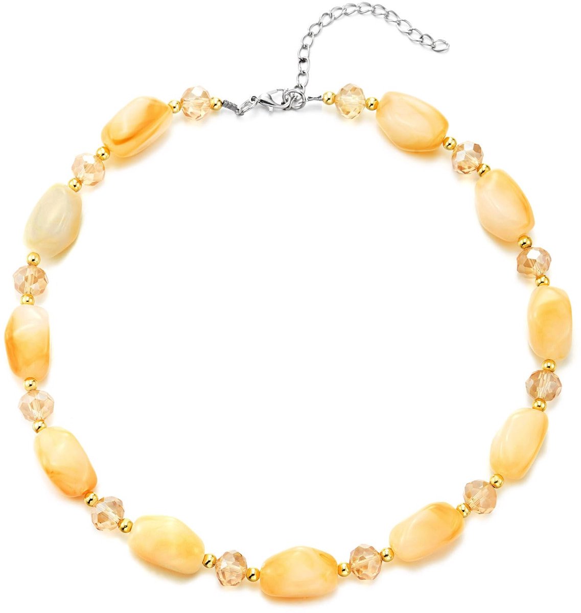 Orange Beige Choker Irregular Oval Beads, Chain Faceted Crystals Gold Spacers, Statement Collar