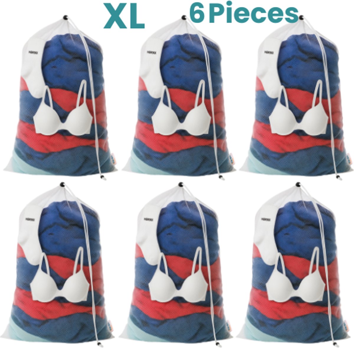 NORDIX Waszak Groot XL - 60x90CM - Waszakken - 6 Stuks - Laundry Bag - Wasnet - Waszakje - Treksysteem - Trekbandsluiting - Polyester - Schoenenzak - WHITE
