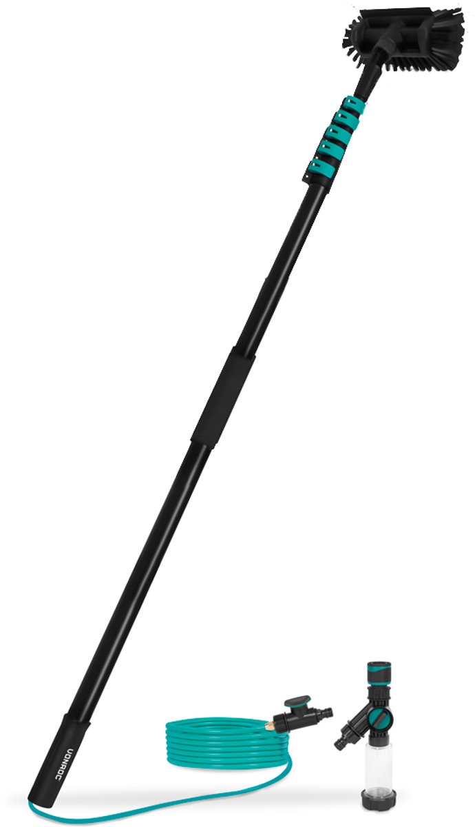 VONROC Hybride Telescopische Wasborstel – Aluminium/3K Full Carbon - 7.5 meter - Incl. 5-vlaks borstelkop, 11m waterslang en zeepdispenser