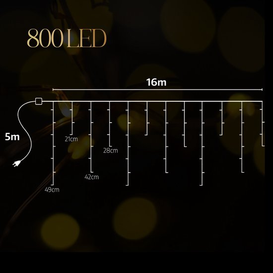 Technische tekening van 800 LED-ijspegelverlichting: 16 meter lengte, 5 meter aanloopsnoer, met diverse afmetingen.