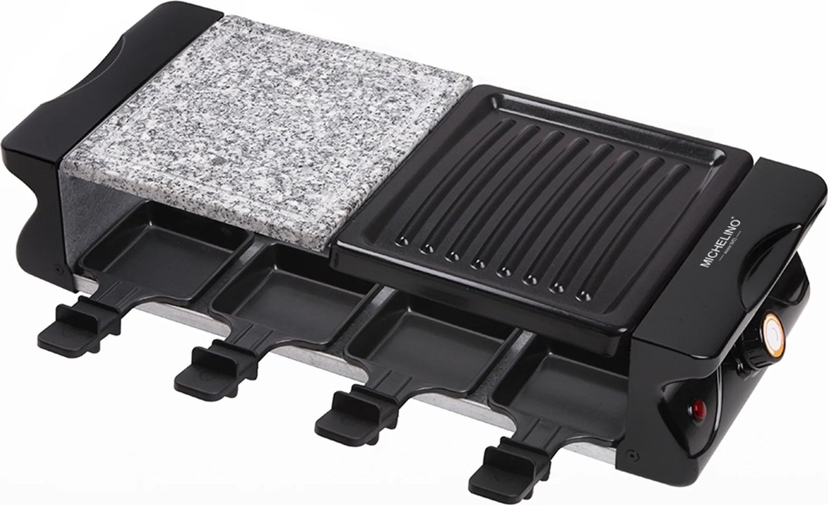 Michelino 74383 - Raclett BBQ-grill voor 8 personen met 8 stenen platen PP-spatels tafelgrill grillplaat semi-antiaanbakplaat