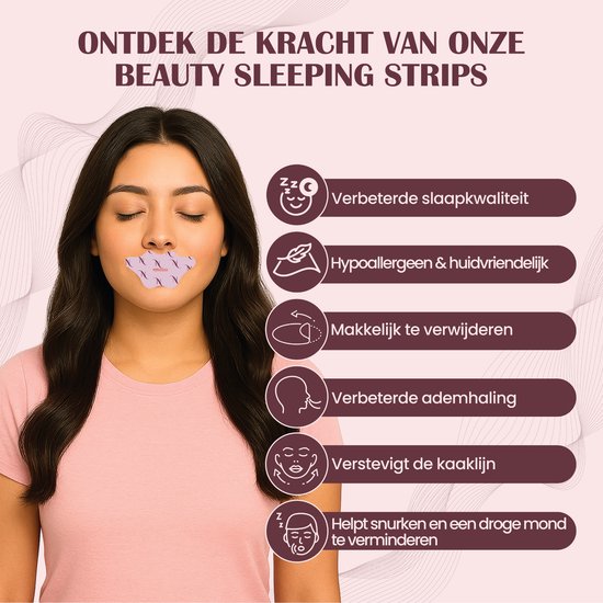 Vrouw met gesloten ogen met paarse mondstrip met dunne, paarse lijnen. Tekst: Ontdek de kracht van onze Beauty Sleeping Strips.