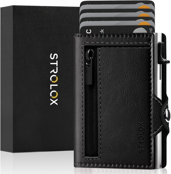 Porte-cartes Strolox® Portefeuille de Luxe avec fermeture éclair Zwart - Porte-cartes de crédit 11 cartes + billets - Porte-cartes extensible - Porte-cartes RFID et NFC - Cuir - Homme et femme - Coffret cadeau de Luxe inclus