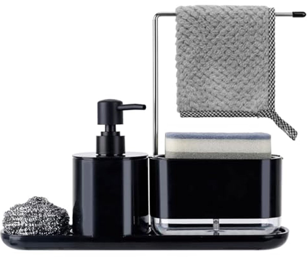 3-in-1 Keuken Spoelbak Organizer met Afwasmiddeldispenser en Zeepbakje - Zwart