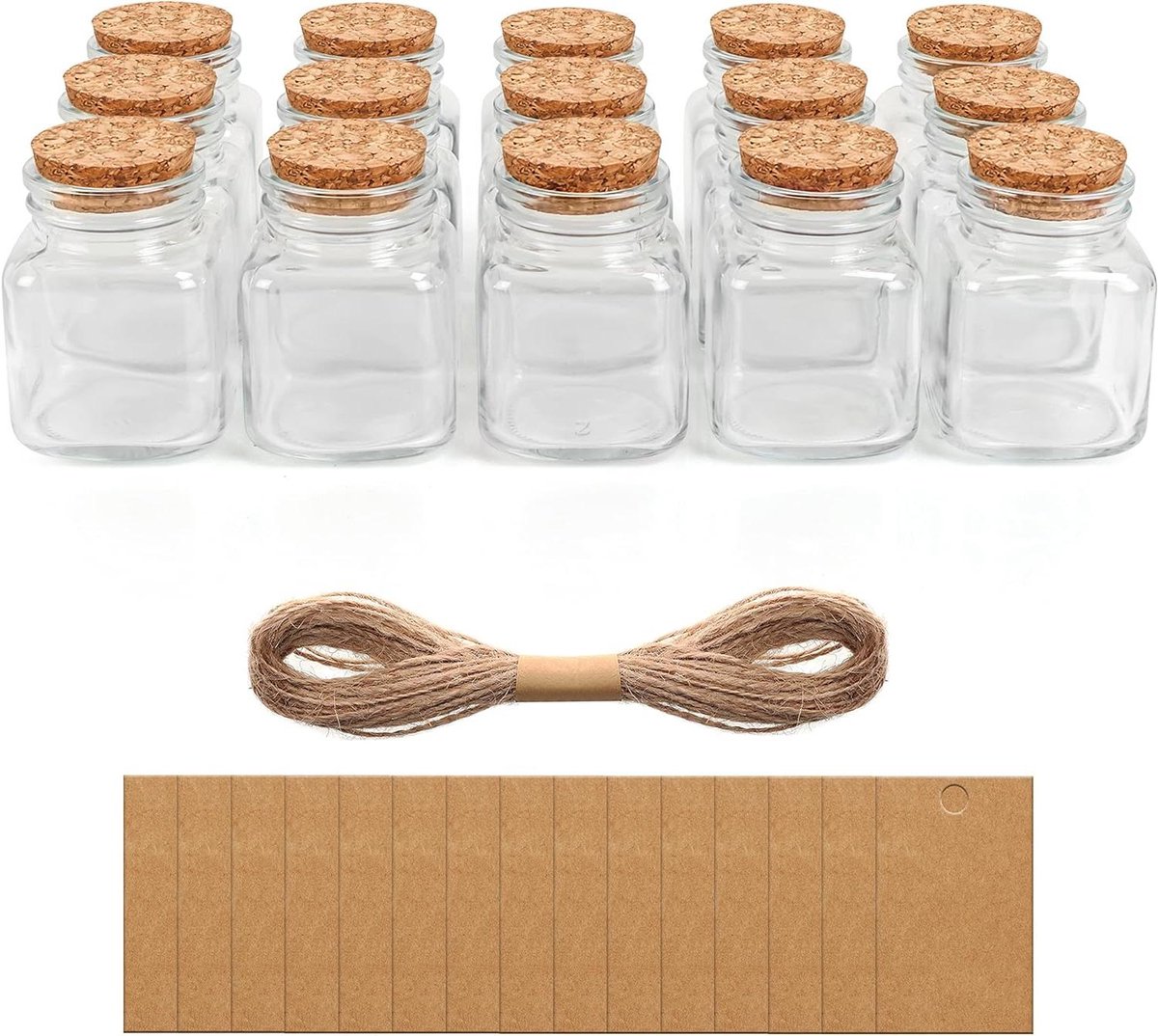 Orivio - 15-delige Set Glazen Potjes met Kurken Doppen en Labels - 100 ml - Miniatuur Potjes - DIY Kunst/Hobby - Wensflesjes.