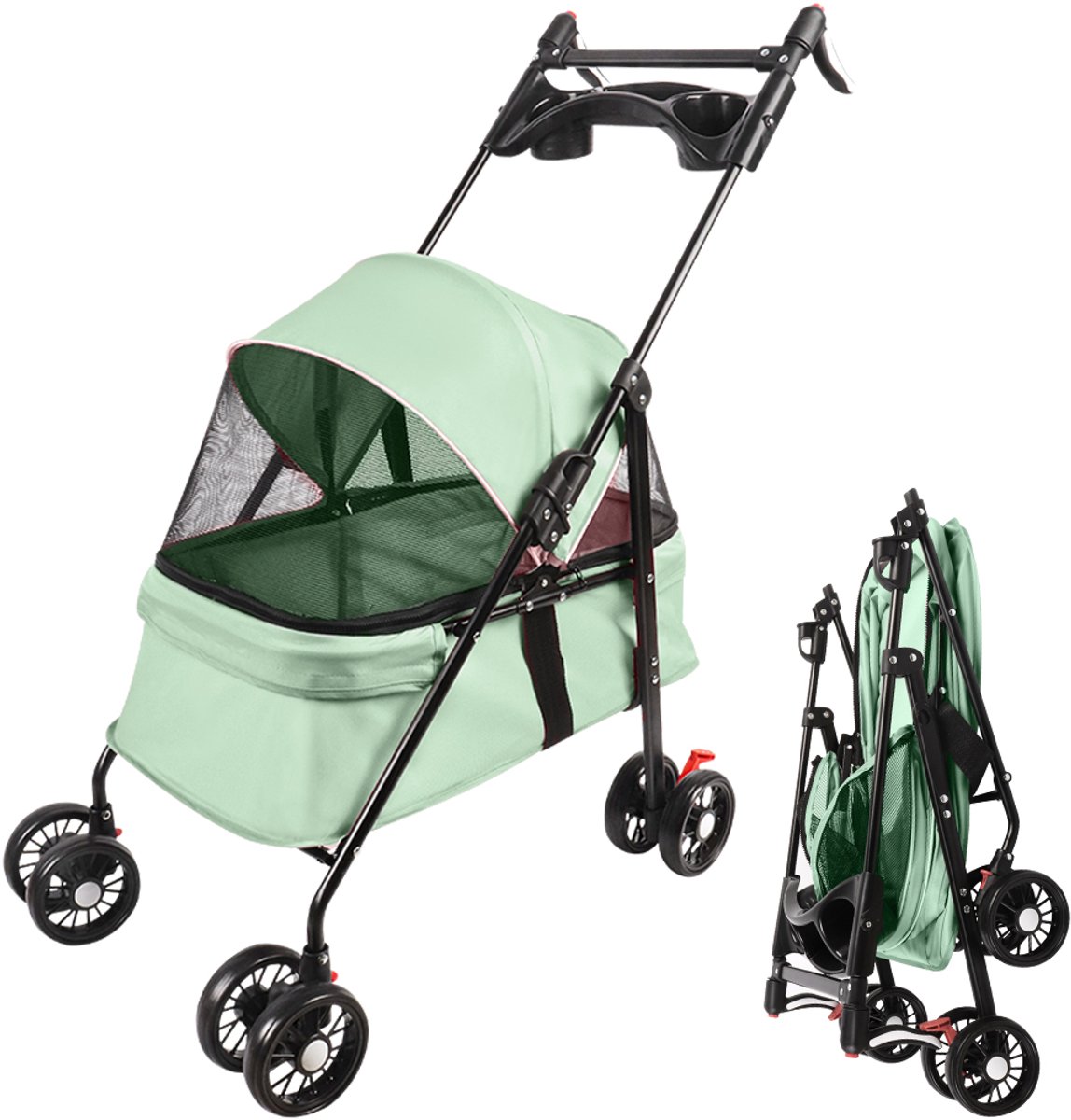 PIPIPOXER Hondenbuggy met gaasvenster, opvouwbaar met 2 veiligheidsriemen, voor kleine honden en katten-Groen