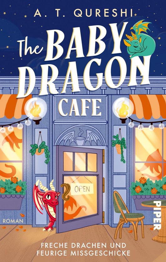 Boek "The Baby Dragon Cafe" met een rode baby draak bij de deur en een slapende groene draak op het uithangbord. De titel is in grote letters.