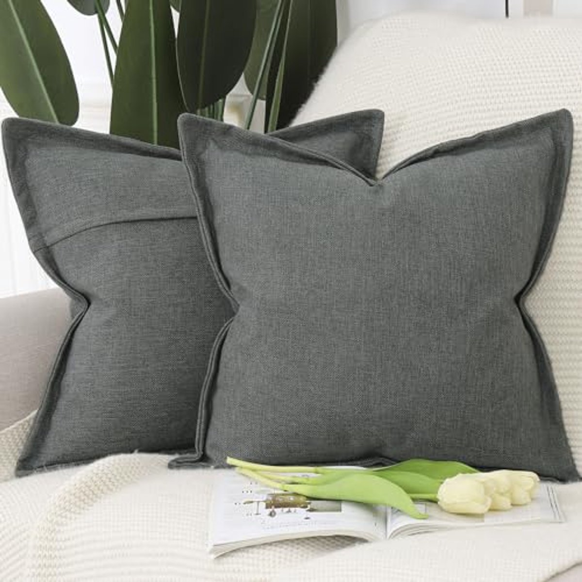 Set van 2 Linnen Kussenslopen 50x50 cm - Donker Grijs - Zachte Decoratieve Kussenhoezen voor Sofa en Slaapkamer
