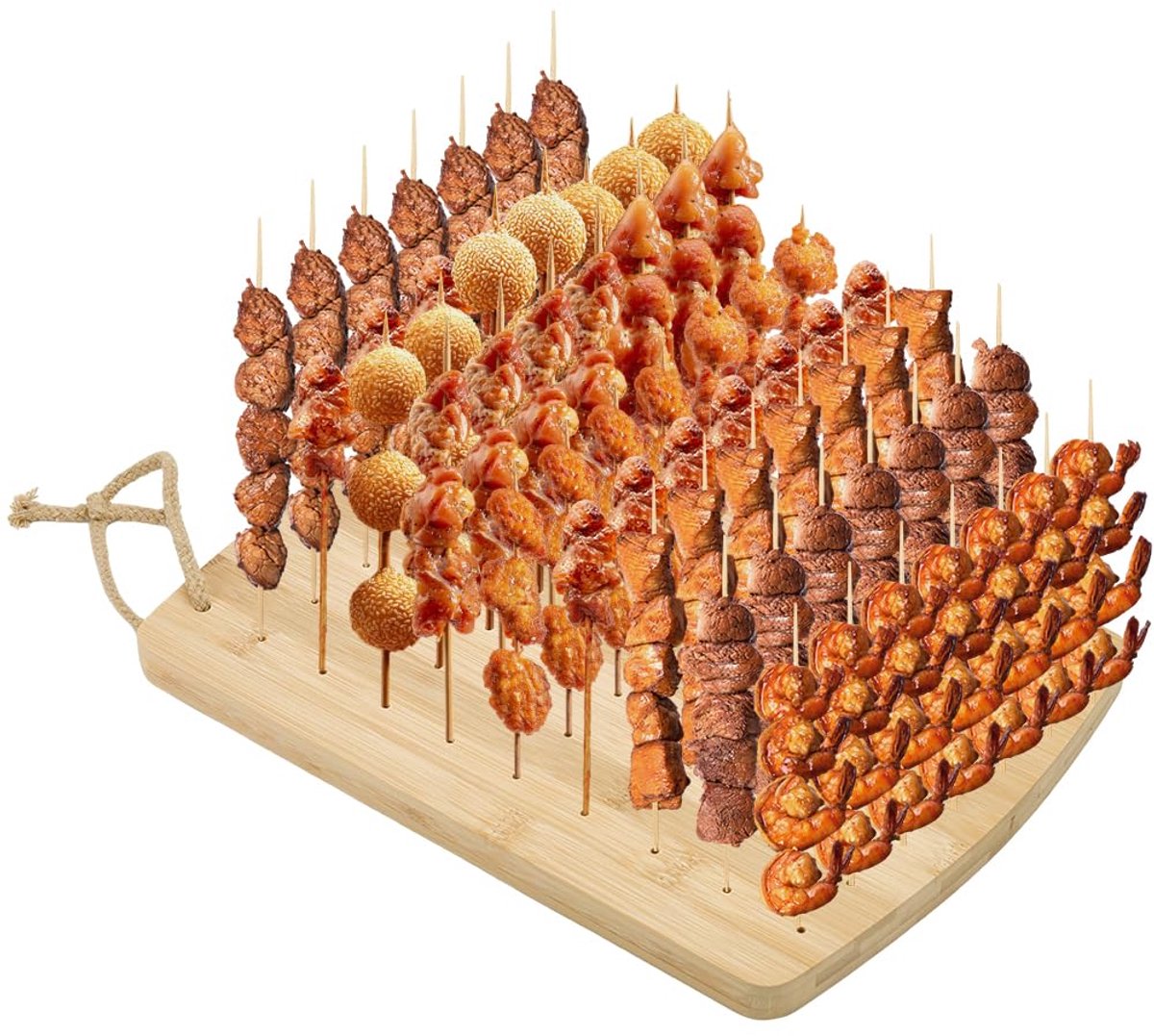 Bamboe Voedsel Spiesjes Houder Rechthoek Fruit Kabobs Spiesjes Stand 70 Gaten Lolly Display Stand Tarwe Kleur Houten Appetizer Voedsel Display Houder Voor Verjaardag Cocktail Party