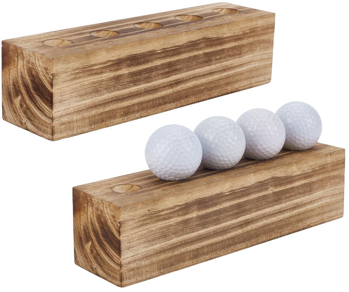 2 stuks golfbal-displayhouders, 231 x 60 x 60,5 mm, 5 sleuven, rechthoekig, hout, golfbalrek, sleuf, displaystandaard, Peruaanse kleur, houten balhouder voor het opbergen van ballen