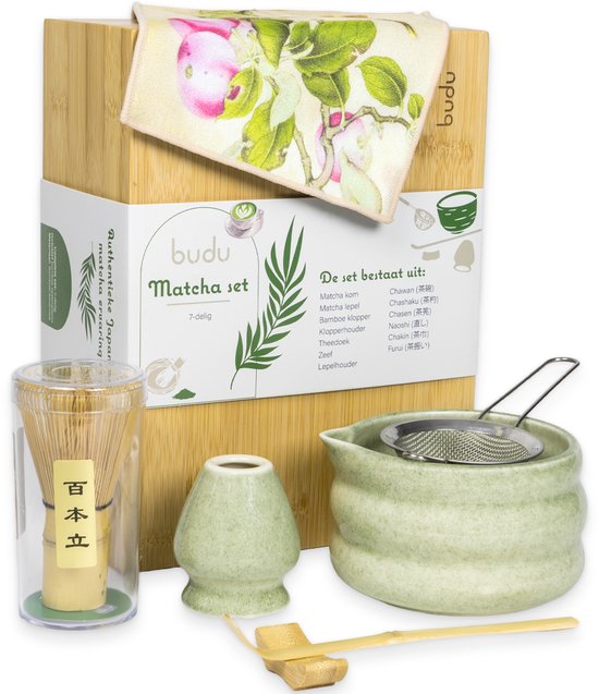 Budu Matchatset 7-delig - Matcha klopper - Matcha kom - Matcha Wisk - Matcha starterkit - Zeef - Cadeauset Matcha - Kerstcadeau