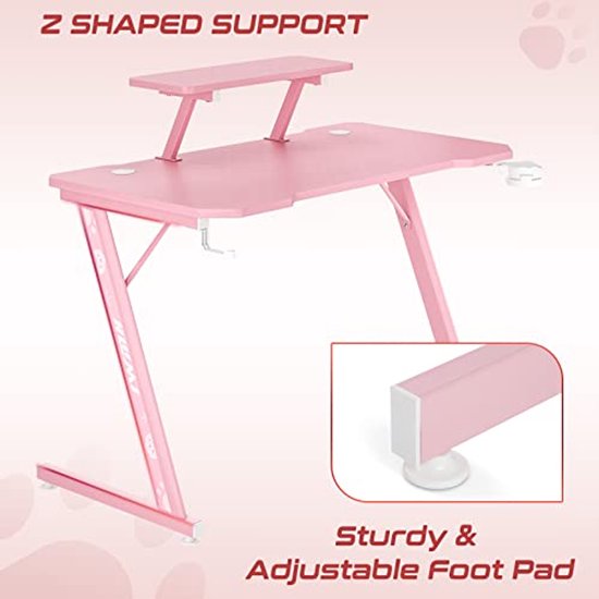 Ergonomisch Gaming Bureau met Carbon Fiber Blad en Verstelbare Monitorplank in Roze — afbeelding 4