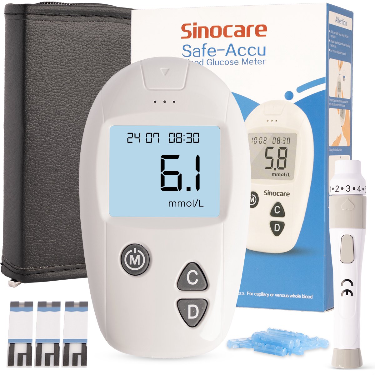 Sinocare® Bloedsuikermeter PrecisionPro - 50 Teststrips & 50 Lancetten - Glucosemeter - Startpakket - Diabetesapparaat - Bloedglucosemeter - Glucose - Diabetis Meter - Compleet Pakket