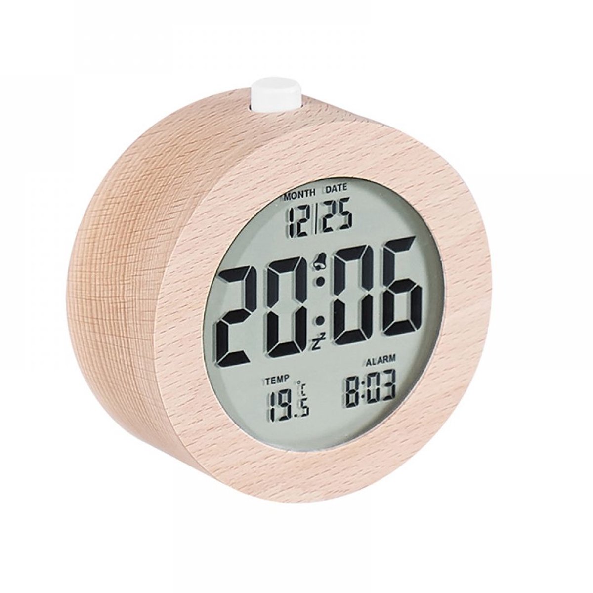 QTTVBTNA -Digitale Wekker met Nachtlicht en Sluimerfunctie – Ronde LCD Tafelklok met Tijd, Datum en Temperatuur – 12/24 Uurs Weergave – Batterij Aangedreven – Houtlook Design, 10 cm, Sapele