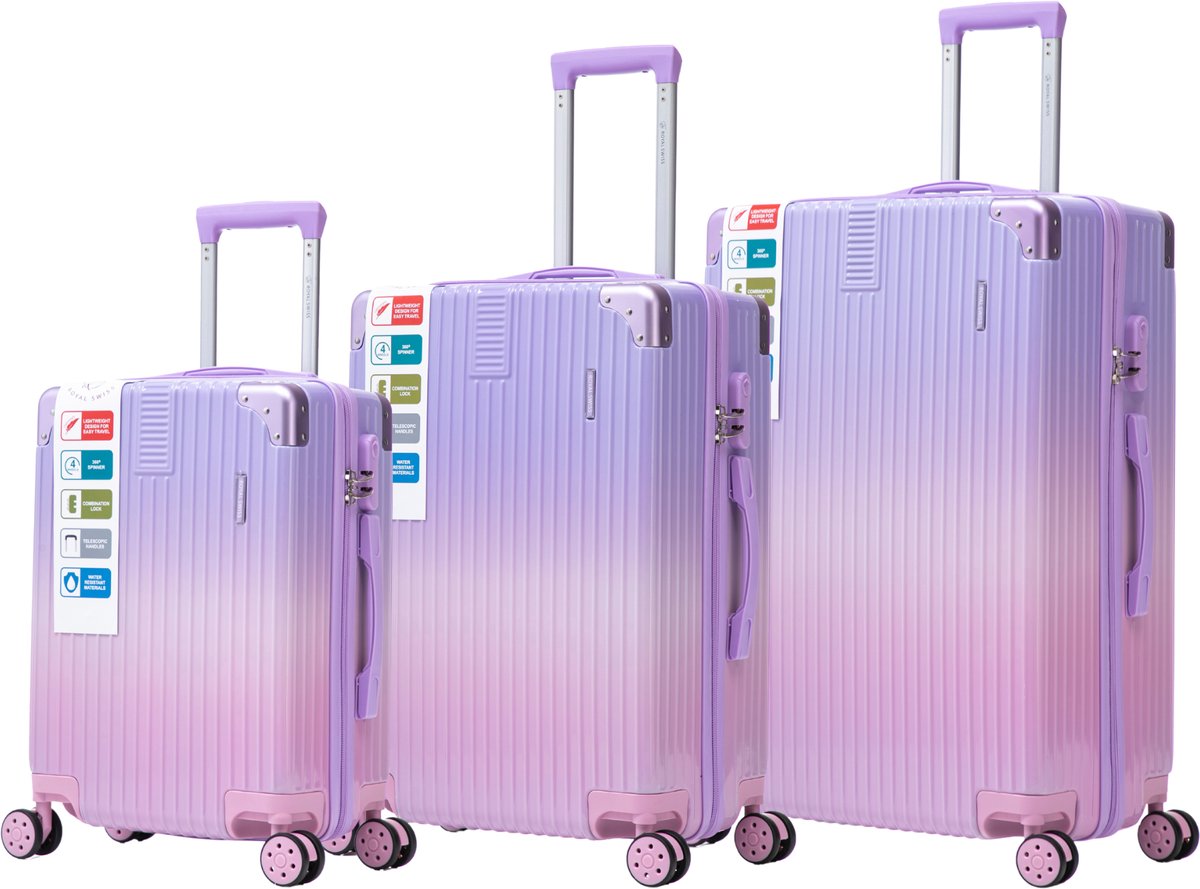 Royal Swiss® Kofferset – 3-delige Lichtgewicht Reiskoffers – 4 Wielen 360° Spinner – Waterafstotend – Telescopisch Handvat – Hardcase – Paars