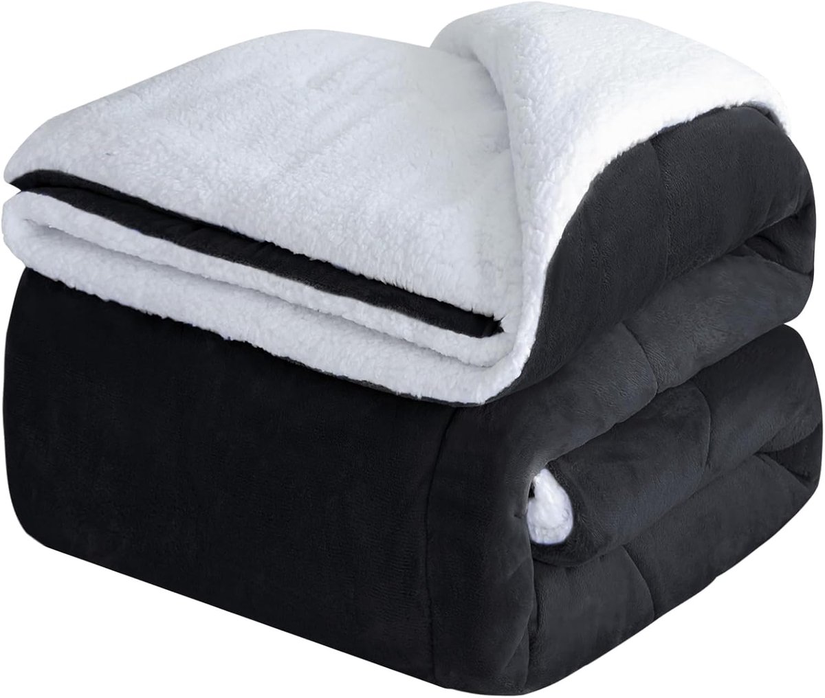Famanu Sherpa Fleece Deken - Dikke Flanellen Winterplaid - Zacht, Pluizig & Warm voor Bed & Bank Zwart