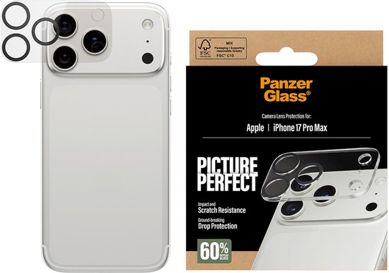 Verpakking en cameralensbeschermer voor iPhone 17 Pro Max, product in zilverkleur.