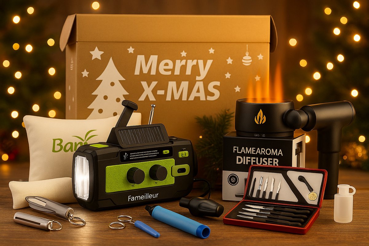 Fameilleur Kerstpakket 2026/2027 – voor particulieren en bedrijven - Excellence 2 – Luxe Cadeaupakket met Noodradio 4000 mAh, Massagegun, Aroma Diffuser, Bamboo Hoofdkussen, Waterfilterset & Messenset-Innovatief & Duurzaam Kerstgeschenk - noodpakket