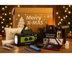 Fameilleur Kerstpakket 2025/2026 – voor particulieren en bedrijven - Excellence 2 – Luxe Cadeaupakket met Noodradio 4000 mAh, Massagegun, Aroma Diffuser, Bamboo Hoofdkussen, Waterfilterset & Messenset-Innovatief & Duurzaam Kerstgeschenk - noodpakket