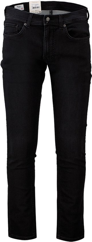 Zwarte Pepe Jeans spijkerbroek met slanke pasvorm, van voren gefotografeerd.
