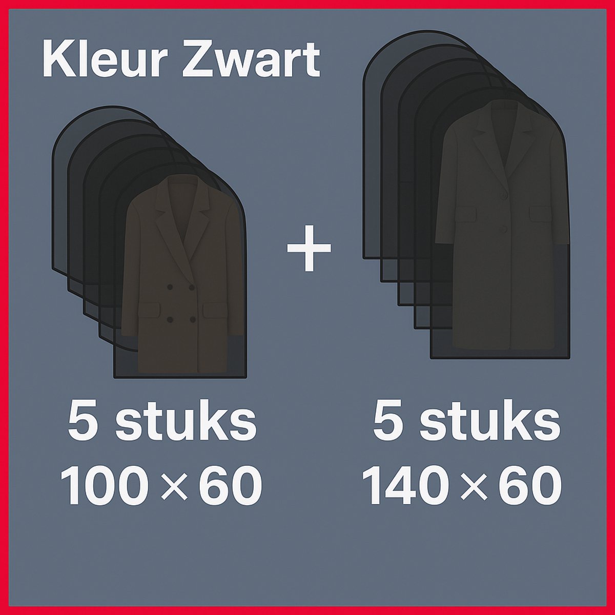Kledinghoes - Opbergtas - 10 Stuks Zwart - 5 stuks 60x140cm en 5 stuks 60x100cm - Kledingzak - Kledingzakken met rits - Waterbestendig