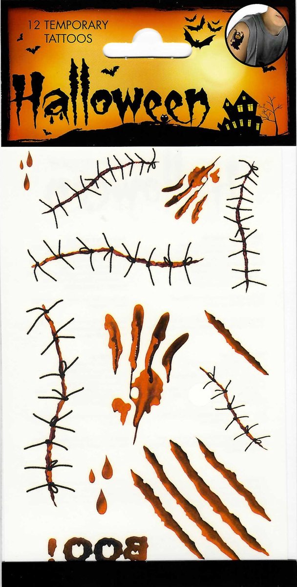 Halloween Tattoos nr. 5/E - Tijdelijke Tattoo - Plak Tattoos - Nep Tattoo - Fake Tattoo – Volwassenen en Kinderen - 1 Vel met 12 tattoos