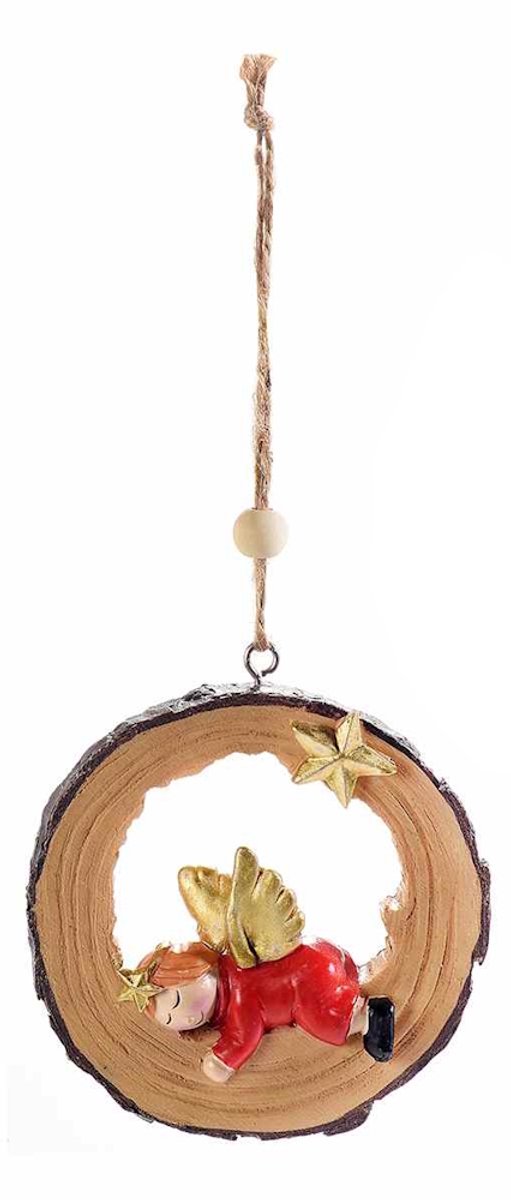 Boomstam met Liggende Engel - Kerstornament - Ø 8,5 x 1 cm - Kunsthars