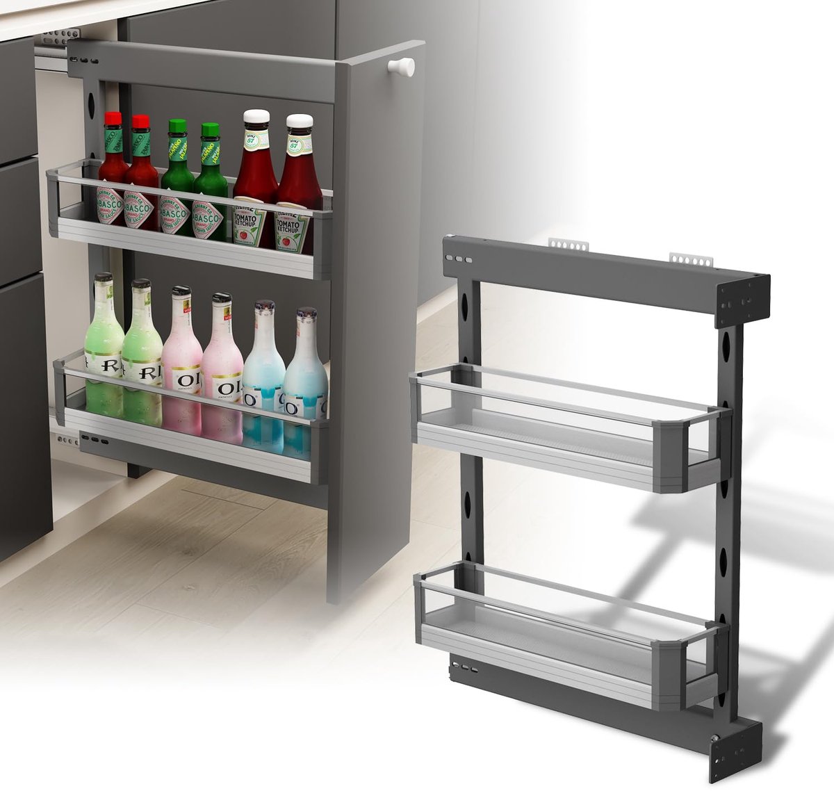 Azomor® Uittrekbare smalle keukenkast opberger met glazen zijwanden en soft-close
