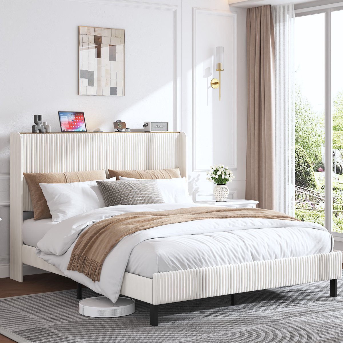 HAUSS SPOLE Gestoffeerd Bed 180x200cm - Platformbed Met Stoffenkop En Anti-Slip Frame - Koord - Beige