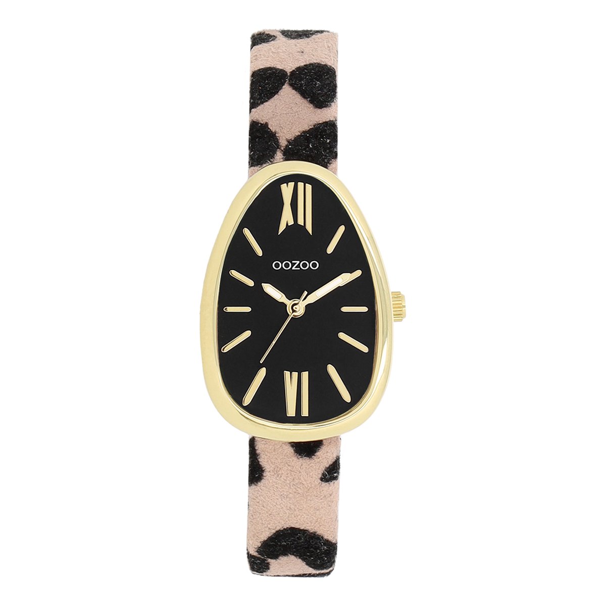 OOZOO Timepieces - Goudkleurige horloge met bruin-zwarte leren band - C11639