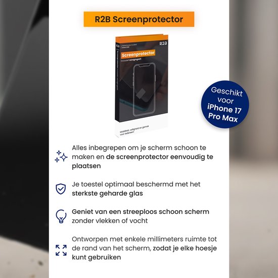 Protections d'écran R2B pour iPhone 17 Pro Max - Lot de 2 - Cadre d'installation et kit de nettoyage inclus - Tempered Glass - Protecteurs d'écran - Protection d'écran - Verre de protection