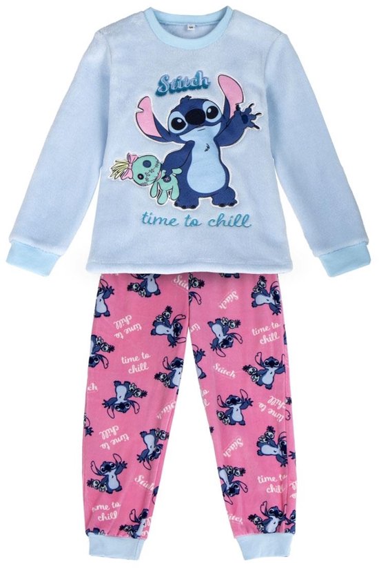 Disney Stitch Fleece Pyjama Kinderen – Time to Chill – Blauw & Roze – Officieel Gelicenseerd – Zachte Winter Pyjama Meisjes