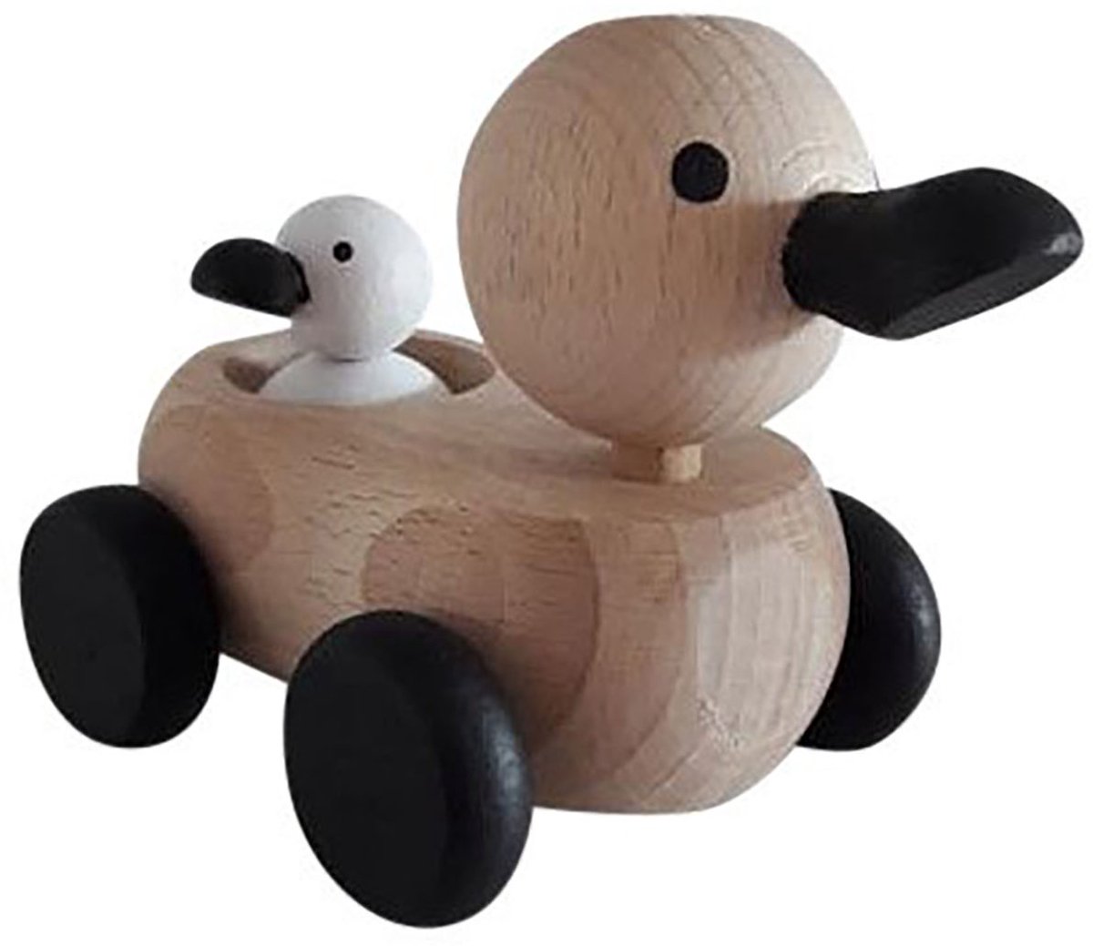 O that - Houten speelgoed - Eend - mama eend met baby eend - naturel - zwart - wit - duurzaam - hout - rijdende eend
