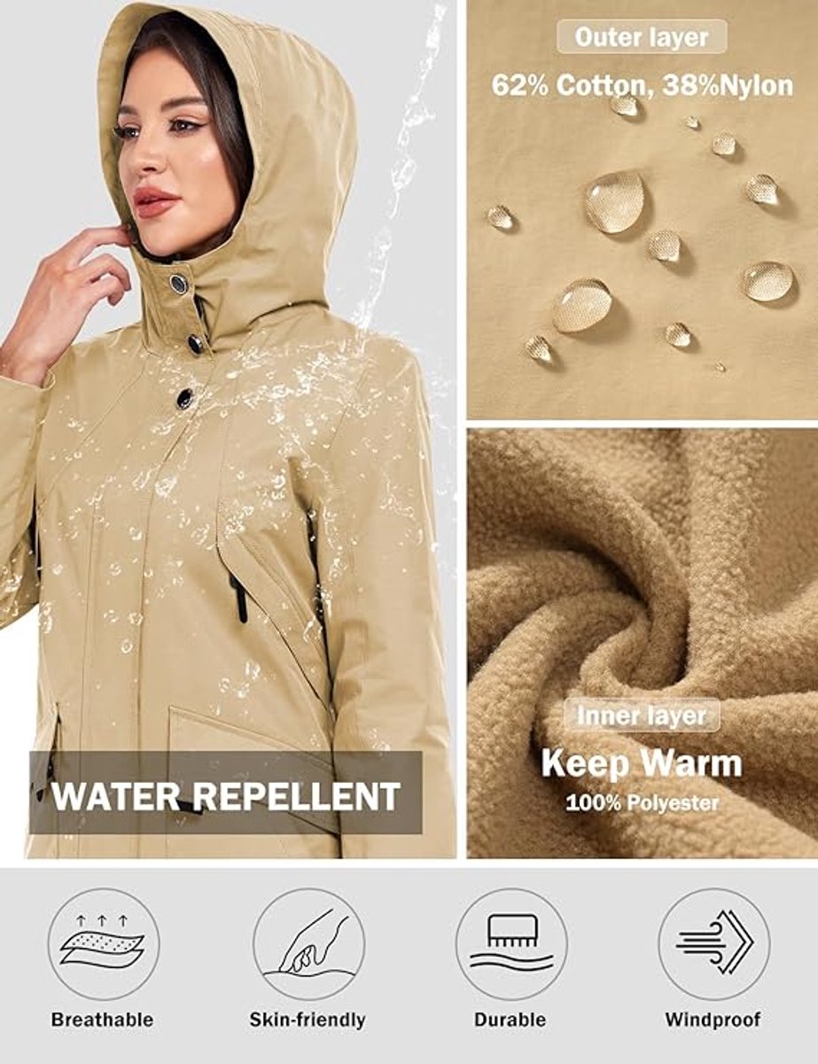 Lichte regenjas voor dames, warm, met fleecevoering, lange Lichte regenjas voor dames, warm, met fleecevoering, lange